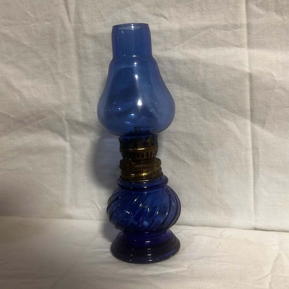 Vintage 1950s Cobalt Blue Swirl Glass Miniature Oil Lamp